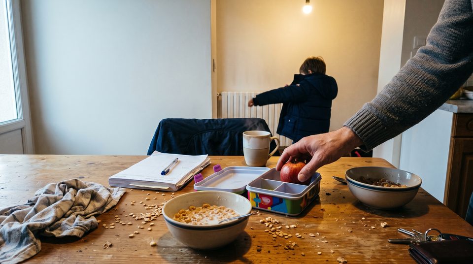 Table de cuisine un matin d'école : deux bols, une boîte à goûter ouverte, un agenda papier et une tasse qui fume ; une main d'adulte y pose une pomme.
