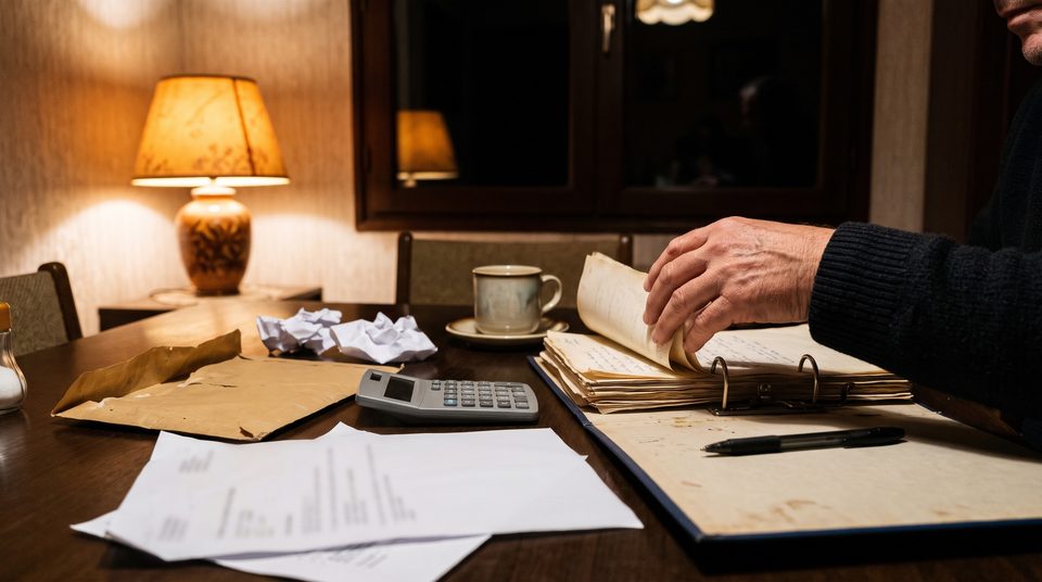 Coin de table avec une enveloppe ouverte, une calculatrice et un classeur de papiers administratifs